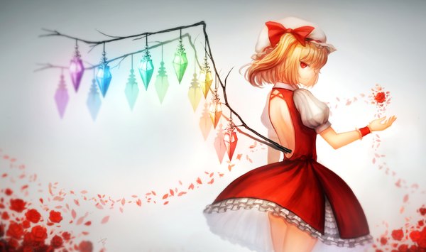Anime picture 2000x1184 with touhou flandre scarlet bryanth single looking at viewer highres short hair blonde hair red eyes wide image profile one side up back girl dress flower (flowers) bow petals wings rose (roses)