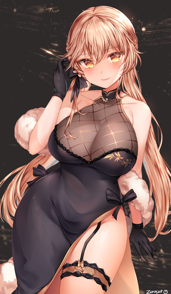 Anime picture 1000x1714 with girls frontline ots-14 (girls frontline) ots-14 (sangria succulent) (girls' frontline) zerocat single long hair tall image looking at viewer blush fringe breasts light erotic simple background blonde hair hair between eyes large breasts standing twintails bare shoulders signed