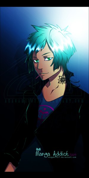 Anime picture 800x1600 with original akagami707 single tall image short hair smile green eyes green hair tattoo coloring light boy