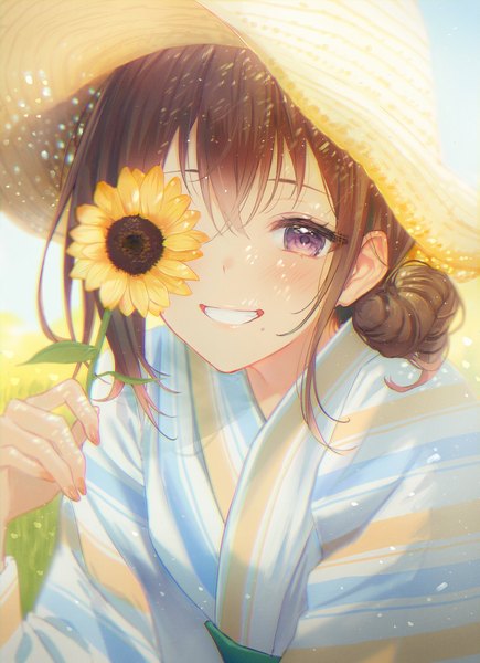 Anime picture 1523x2100 with original haru (hiyori-kohal) single long hair tall image looking at viewer blush fringe smile hair between eyes brown hair purple eyes holding payot upper body outdoors traditional clothes japanese clothes sunlight mole