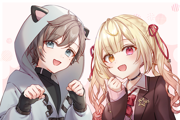 Anime picture 3541x2367 with virtual youtuber nijisanji hoshikawa sara kanae (nijisanji) hoshikawa sara (4th costume) nonon 813 long hair looking at viewer highres short hair open mouth blue eyes blonde hair brown hair twintails absurdres upper body :d heterochromia animal hood
