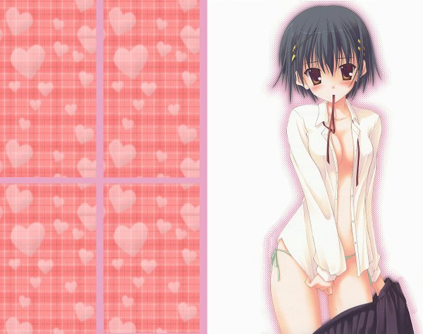 Anime picture 1280x1013 with nanao naru single looking at viewer blush short hair light erotic brown eyes pleated skirt open clothes open shirt undressing covering crotch girl skirt string bikini