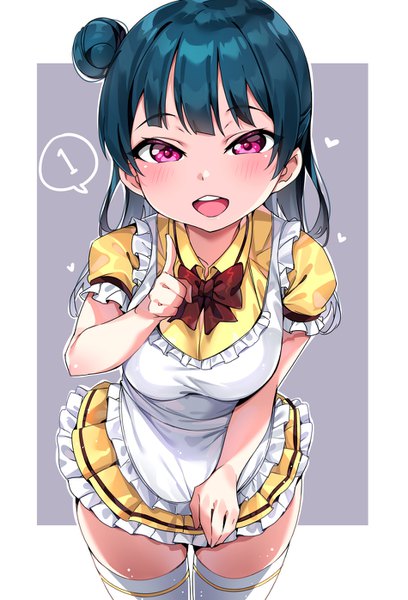 Anime picture 949x1396 with love live! sunshine!! sunrise (studio) love live! tsushima yoshiko tem10 single long hair tall image looking at viewer blush fringe breasts open mouth simple background smile standing blue hair :d pink eyes teeth