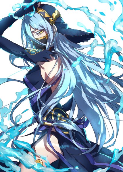 Anime picture 1818x2551 with fire emblem fire emblem fates azura (fire emblem) waterpupu single long hair tall image looking at viewer fringe highres breasts open mouth light erotic simple background hair between eyes standing white background yellow eyes blue hair profile