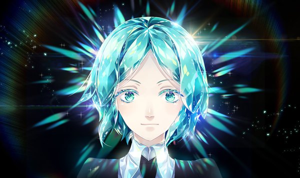 Anime picture 1772x1054 with houseki no kuni phosphophyllite silverbin single looking at viewer highres short hair simple background wide image aqua eyes aqua hair sparkle black background face shiny androgynous