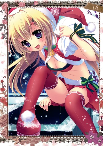 Anime picture 2480x3500 with prismatic world (artbook) shiramori yuse single long hair tall image looking at viewer blush highres breasts open mouth blue eyes blonde hair cleavage scan midriff fur trim snowing snow girl skirt