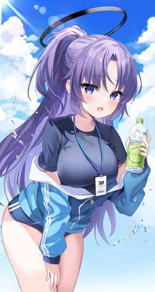 Anime picture 770x1448 with blue archive yuuka (blue archive) yuuka (gym uniform) (blue archive) mayo (miyusa) single long hair tall image blush fringe open mouth blue eyes light erotic sky purple hair cloud (clouds) ponytail sunlight lens flare official alternate costume partially open clothes