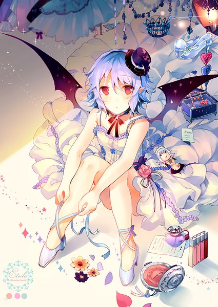 Anime picture 716x1011 with touhou remilia scarlet izayoi sakuya kirero (pixiv) single tall image looking at viewer short hair red eyes sitting purple hair from above pointy ears bat wings vampire girl dress flower (flowers) ribbon (ribbons) hat