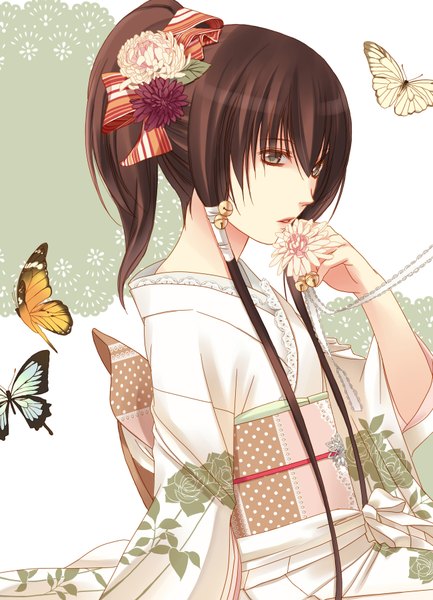 Anime picture 1300x1800 with getbackers studio deen fuuchouin kazuki hirai chika single long hair tall image brown hair brown eyes japanese clothes otoko no ko boy flower (flowers) kimono insect butterfly bell