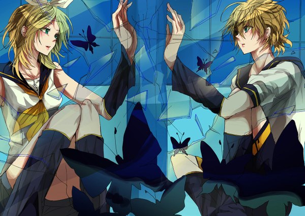 Anime picture 1217x866 with vocaloid kagamine rin kagamine len yuki (fuguneko) short hair blue eyes blonde hair smile sitting twins girl boy bow hair bow detached sleeves insect butterfly