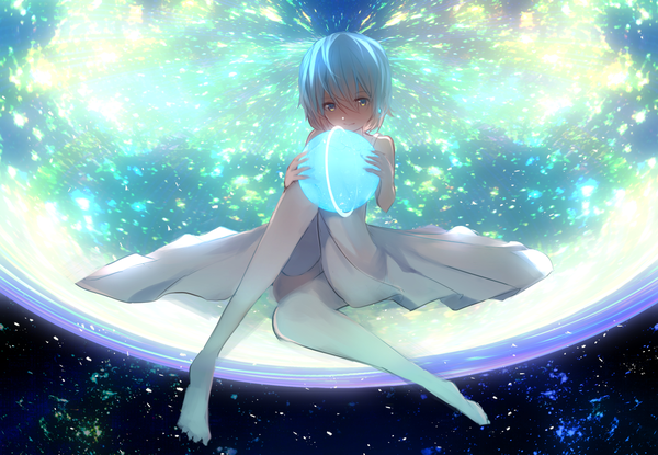 Anime picture 2047x1417 with original tarbo (exxxpiation) single looking at viewer fringe highres short hair blue eyes light erotic smile hair between eyes sitting bare shoulders holding blue hair bent knee (knees) no shoes zettai ryouiki glowing girl