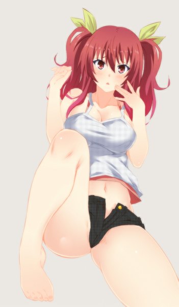 Anime picture 469x800 with rakudai kishi no cavalry stella vermillion inui sanagi single long hair tall image looking at viewer blush fringe breasts open mouth light erotic simple background hair between eyes red eyes large breasts twintails bare shoulders bent knee (knees) red hair