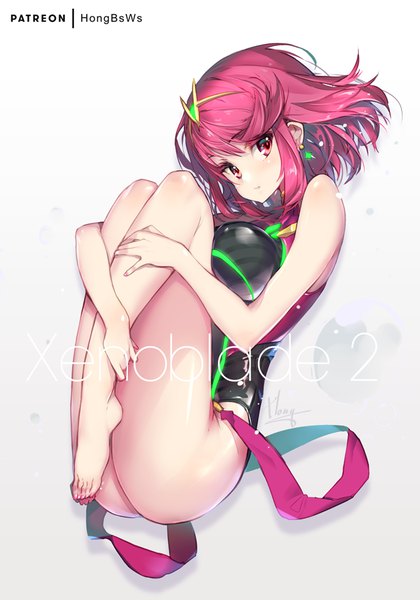 Anime picture 630x900 with xenoblade xenoblade 2 pyra (xenoblade) pyra (pro swimmer) (xenoblade) hong (white spider) single tall image looking at viewer blush fringe short hair light erotic simple background hair between eyes red eyes white background signed full body red hair barefoot