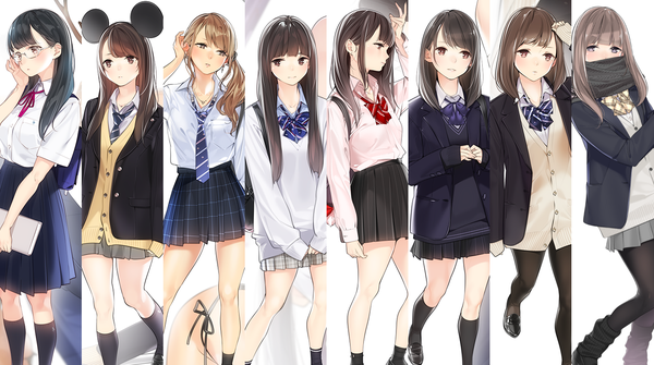 Anime picture 1466x819 with original ama mitsuki long hair blush fringe short hair black hair blonde hair brown hair wide image standing purple eyes multiple girls brown eyes animal ears payot blunt bangs parted lips profile pleated skirt