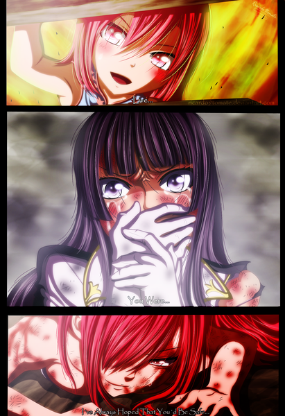 Anime picture 1300x1896 with fairy tail erza scarlet mikazuchi kagura ric9duran long hair tall image blush fringe short hair open mouth purple eyes multiple girls purple hair red hair pink eyes hair over one eye inscription tears coloring torn clothes