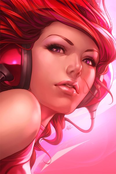 Anime picture 1024x1536 with original pepper project artgerm (stanley lau) single long hair tall image purple eyes bare shoulders pink hair parted lips lips realistic portrait pink background face girl headphones