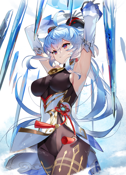 Anime picture 1805x2500 with genshin impact ganyu (genshin impact) scottie (phantom2) single tall image looking at viewer fringe highres breasts light erotic hair between eyes red eyes large breasts standing blue hair looking away ahoge horn (horns) arms up bell collar
