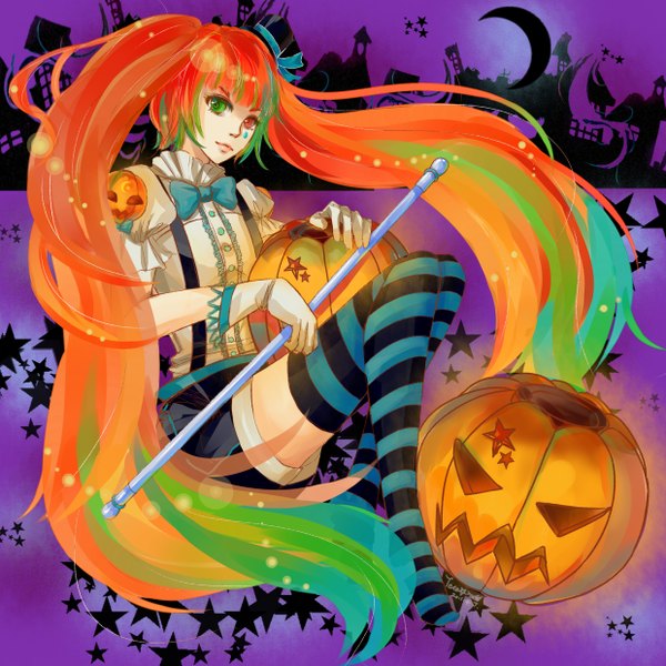 Anime picture 2480x2480 with vocaloid mrs.pumpkin no kokkei na yume (vocaloid) hatsune miku teto-shia923 (artist) single highres twintails absurdres very long hair lips orange hair no shoes heterochromia halloween girl thighhighs gloves bow hat shirt