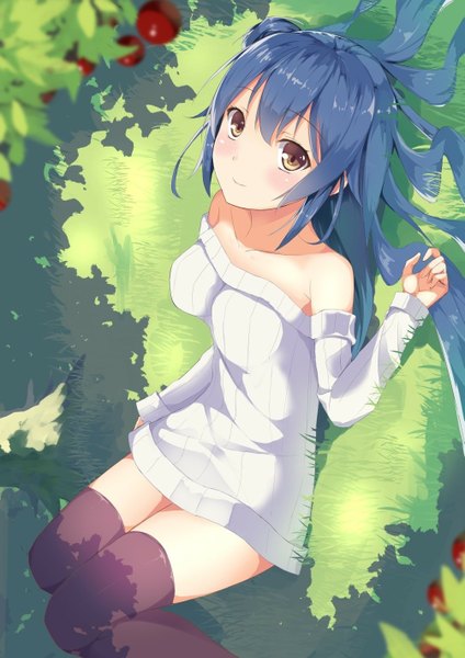 Anime picture 1003x1418 with original chuxue single long hair tall image looking at viewer bare shoulders brown eyes blue hair girl thighhighs black thighhighs food sweater berry (berries)