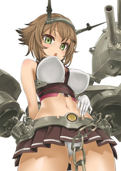 Anime picture 800x1131 with kantai collection mutsu battleship asanagi tall image blush short hair breasts open mouth light erotic simple background brown hair large breasts white background green eyes midriff pantyshot girl gloves navel hair ornament