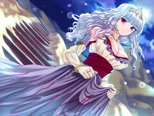 Anime picture 1200x906 with idolmaster shijou takane oretoreon long hair looking at viewer breasts light erotic red eyes large breasts silver hair girl dress gloves elbow gloves moon tiara stairs