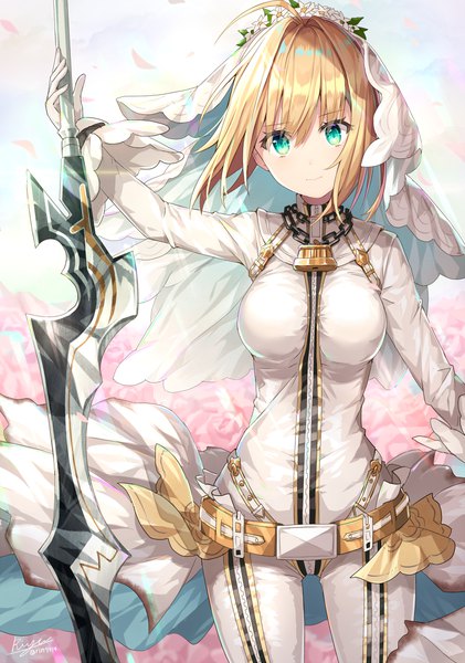 Anime picture 818x1167 with fate (series) fate/extra fate/extra ccc nero claudius (fate) (all) nero claudius (bride) (fate) rin yuu single tall image looking at viewer fringe short hair breasts blonde hair smile hair between eyes standing holding green eyes signed payot