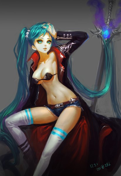 Anime picture 803x1169 with vocaloid hatsune miku yukitooo single tall image looking at viewer fringe light erotic simple background sitting twintails bent knee (knees) very long hair aqua eyes aqua hair grey background open clothes open jacket bare belly midriff