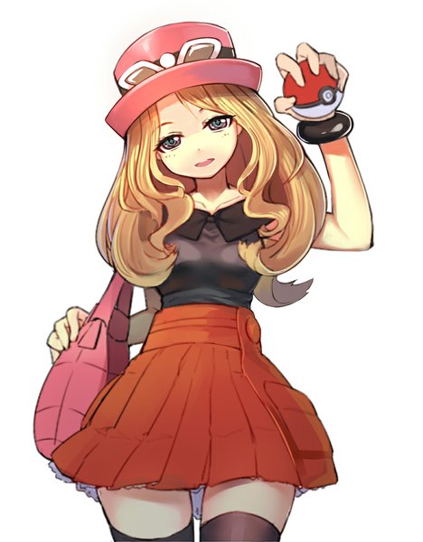 Anime picture 781x1000 with pokemon pokemon xy nintendo serena (pokemon) ririko (zhuoyandesailaer) single long hair tall image looking at viewer open mouth blue eyes blonde hair simple background white background sunglasses on head + + girl thighhighs black thighhighs hat