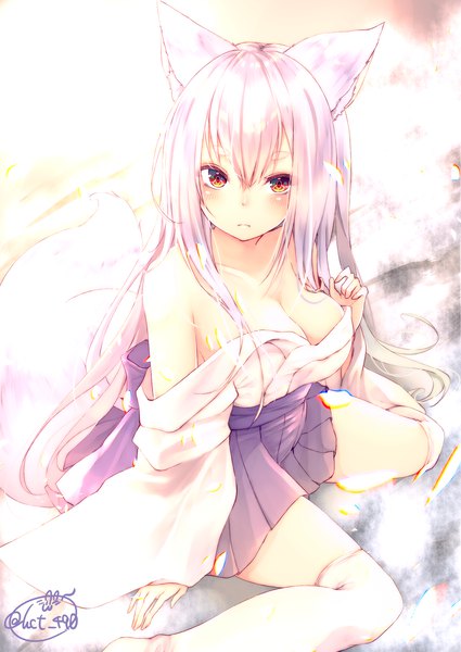 Anime picture 1417x2000 with original chita (ketchup) single long hair tall image looking at viewer blush fringe breasts light erotic hair between eyes red eyes large breasts sitting bare shoulders signed animal ears payot silver hair tail