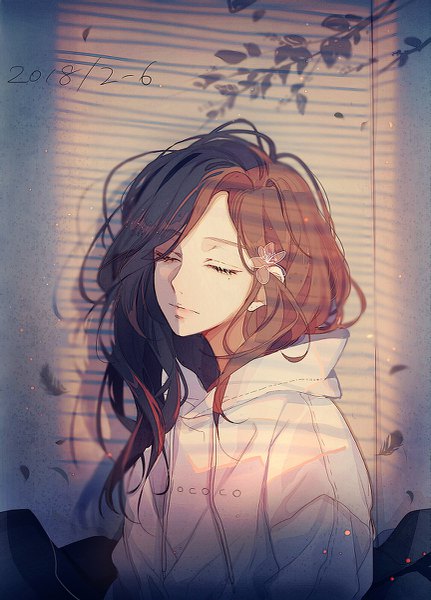 Anime picture 863x1200 with original lococo:p single long hair tall image brown hair signed upper body eyes closed shadow dated shaded face girl hairclip hood feather (feathers) hoodie