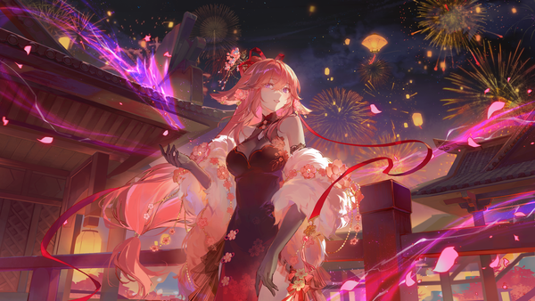 Anime-Bild 4800x2700 mit genshin impact yae miko miji black single long hair fringe highres hair between eyes wide image purple eyes animal ears pink hair absurdres traditional clothes fox ears magic floral print chinese clothes low ponytail fireworks