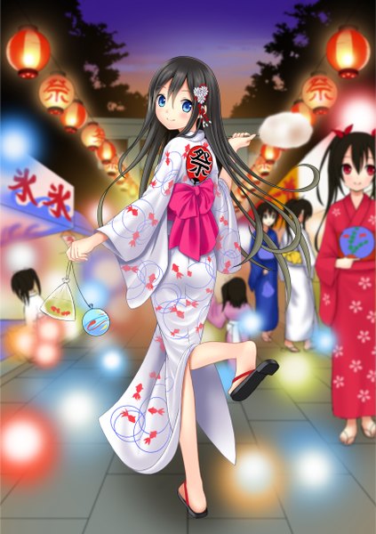 Anime picture 1748x2480 with original setona (daice) single long hair tall image highres blue eyes black hair japanese clothes looking back girl hair ornament kimono lantern chinese lantern