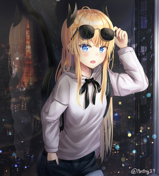 Anime picture 3500x3866 with original ibning27 single long hair tall image looking at viewer blush fringe highres open mouth blue eyes blonde hair hair between eyes signed payot absurdres indoors long sleeves arm up twitter username