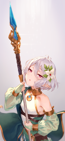 Anime picture 900x1942 with princess connect! re:dive princess connect! kokkoro (princess connect!) kinta (distortion) single tall image looking at viewer fringe short hair simple background hair between eyes standing purple eyes holding payot silver hair ahoge hair flower from above pointy ears