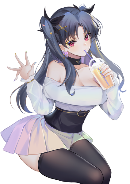 Anime picture 1400x1980 with fate (series) fate/grand order ishtar (fate) kernel killer single long hair tall image looking at viewer blush fringe breasts black hair simple background smile red eyes white background bare shoulders holding cleavage long sleeves