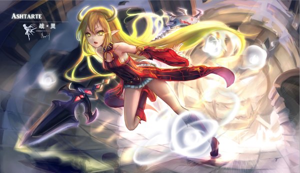 Anime picture 1632x942 with dungeon and fighter wangchuan de quanyan single fringe open mouth blonde hair wide image yellow eyes bent knee (knees) very long hair horn (horns) pointy ears legs glowing glowing eye (eyes) girl dress weapon detached sleeves spear