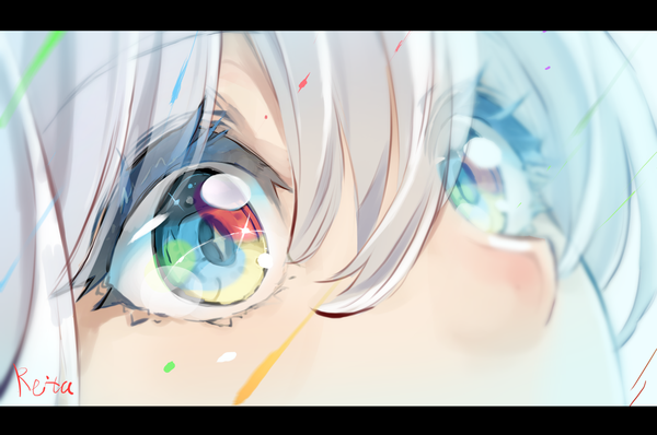 Anime picture 1447x960 with original hoshizaki reita single looking at viewer fringe blue eyes hair between eyes signed silver hair letterboxed looking up close-up multicolored eyes eyes girl