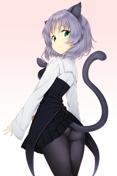 Anime picture 761x1141 with original zizi (zz22) single tall image looking at viewer short hair light erotic smile green eyes animal ears purple hair ass tail animal tail looking back cat ears cat tail turning head girl dress