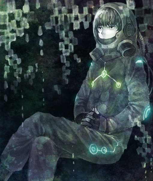Anime picture 1700x2000 with original sono (pixiv) single tall image highres sitting crossed legs gloom boy spacesuit