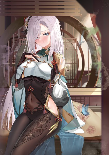 Anime picture 2480x3508 with genshin impact shenhe (genshin impact) zhongwu chahui single long hair tall image looking at viewer blush fringe highres breasts blue eyes light erotic large breasts sitting silver hair indoors arm up hair over one eye puffy sleeves