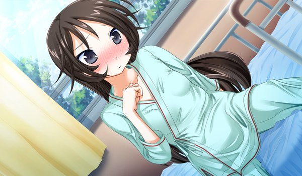 Anime picture 1024x600 with kono sekai no mukou de single long hair blush black hair wide image game cg black eyes girl pajamas