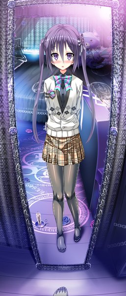 Anime picture 1024x2389 with change! ano musume ni natte kunkun peropero may-be soft tanabe rumia akaza single long hair tall image looking at viewer blush open mouth purple eyes twintails purple hair bent knee (knees) no shoes magic reflection hands behind back pov female pov