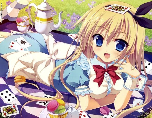 Anime picture 5106x3956 with alice in wonderland alice (wonderland) matsumiya kiseri long hair looking at viewer blush highres open mouth blue eyes blonde hair absurdres scan girl thighhighs dress flower (flowers) bow hair bow food frills