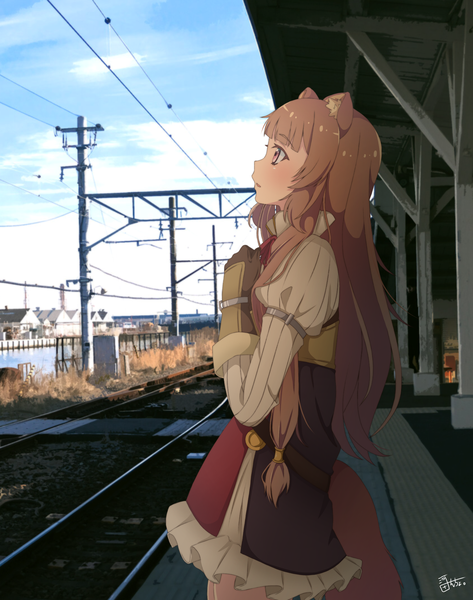 Anime picture 1500x1900 with tate no yuusha no nariagari kinema citrus raphtalia kawada ncho single long hair tall image blush fringe brown hair purple eyes signed animal ears sky cloud (clouds) outdoors tail blunt bangs parted lips animal tail