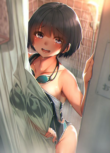 Anime picture 1058x1471 with original waterdog single tall image looking at viewer blush fringe short hair breasts open mouth light erotic black hair smile large breasts standing purple eyes indoors blunt bangs :d teeth