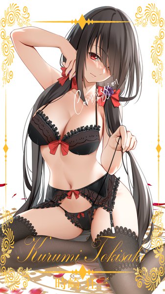 Anime picture 1080x1920 with date a live tokisaki kurumi shizuko hideyoshi single tall image looking at viewer blush fringe breasts light erotic red eyes sitting twintails signed bent knee (knees) blunt bangs very long hair head tilt arm up hair over one eye