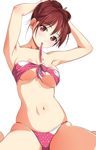 Anime picture 800x1250 with original matsunaga kouyou single tall image looking at viewer breasts light erotic red eyes brown hair white background girl navel swimsuit bikini