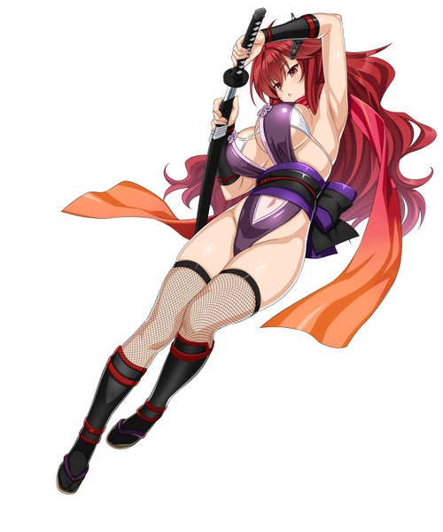 Anime picture 719x863 with valkyrie drive arms corporation kisaragi setsuna cle masahiro single long hair tall image breasts light erotic simple background red eyes large breasts white background red hair girl thighhighs navel weapon sword katana