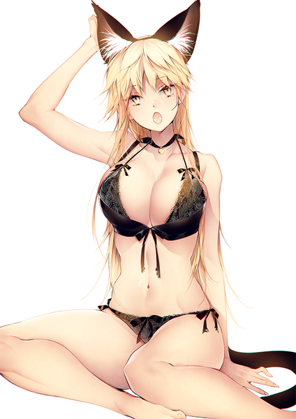 Anime picture 744x1052 with world trigger toei animation izumi kouhei pepper fever single long hair tall image looking at viewer fringe breasts open mouth light erotic blonde hair hair between eyes large breasts sitting animal ears yellow eyes cleavage tail