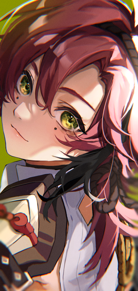 Anime picture 1213x2555 with genshin impact shikanoin heizou mimonome single long hair tall image fringe hair between eyes green eyes upper body red hair light smile mole mole under eye boy